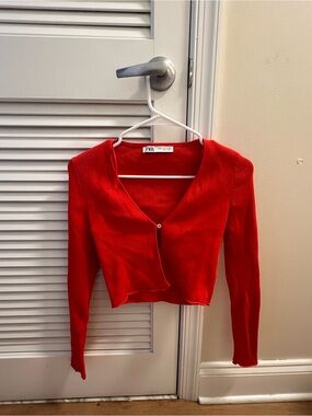 Zara Bright Red Ribbed V-Neck Cardigan